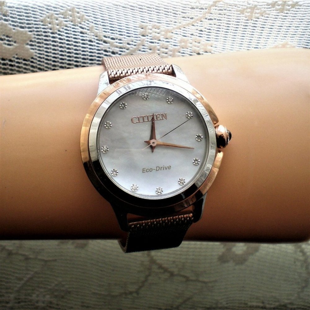 Citizen Rose Gold Mesh Band Ladies Eco-Drive Watch with Mother of Pearl Dial